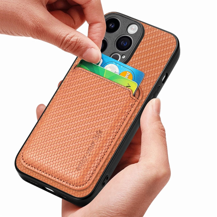 For iPhone 15 Pro Carbon Fiber Leather Card Magsafe Phone Case(Brown) - iPhone 15 Pro Cases by buy2fix | Online Shopping UK | buy2fix