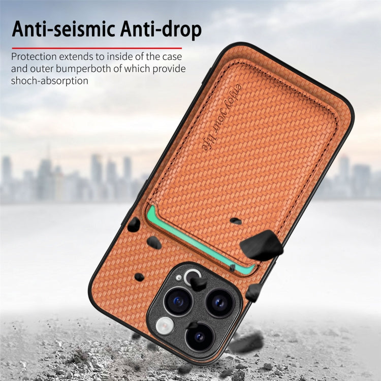 For iPhone 15 Pro Carbon Fiber Leather Card Magsafe Phone Case(Brown) - iPhone 15 Pro Cases by buy2fix | Online Shopping UK | buy2fix