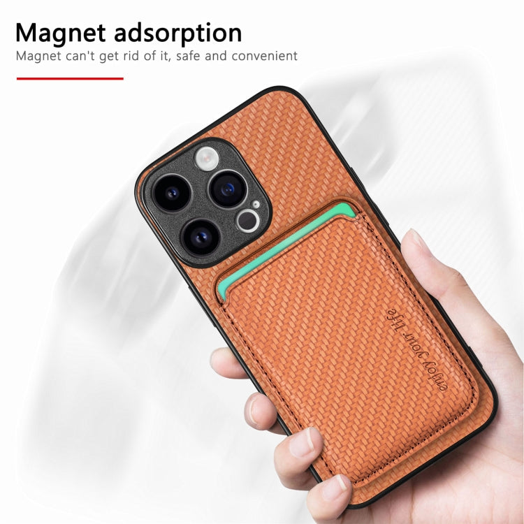For iPhone 15 Pro Carbon Fiber Leather Card Magsafe Phone Case(Brown) - iPhone 15 Pro Cases by buy2fix | Online Shopping UK | buy2fix