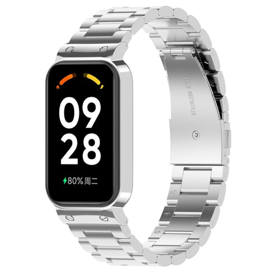 For Xiaomi Smart Band 8 Active Three Bead Stainless Steel Watch Band + Watch Metal Frame(Silver) - Watch Bands by buy2fix | Online Shopping UK | buy2fix