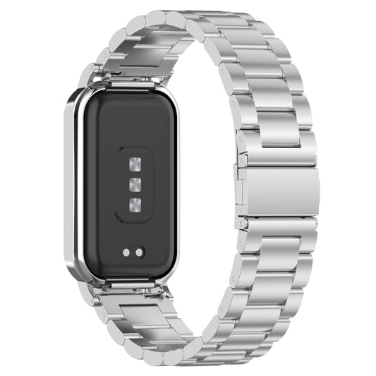 For Xiaomi Smart Band 8 Active Three Bead Stainless Steel Watch Band + Watch Metal Frame(Silver) - Watch Bands by buy2fix | Online Shopping UK | buy2fix