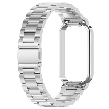 For Xiaomi Smart Band 8 Active Three Bead Stainless Steel Watch Band + Watch Metal Frame(Silver) - Watch Bands by buy2fix | Online Shopping UK | buy2fix