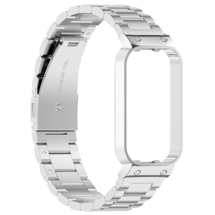 For Xiaomi Smart Band 8 Active Three Bead Stainless Steel Watch Band + Watch Metal Frame(Silver) - Watch Bands by buy2fix | Online Shopping UK | buy2fix