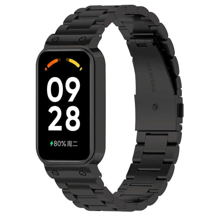 For Xiaomi Smart Band 8 Active Three Bead Stainless Steel Watch Band + Watch Metal Frame(Black) - Watch Bands by buy2fix | Online Shopping UK | buy2fix