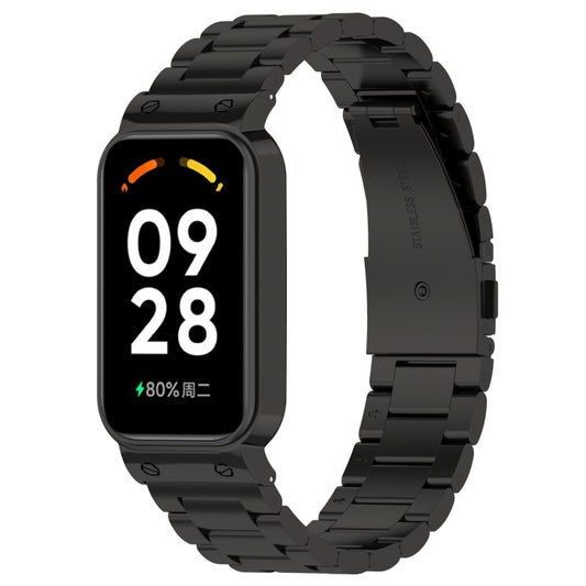 For Xiaomi Smart Band 8 Active Three Bead Stainless Steel Watch Band + Watch Metal Frame(Black) - Watch Bands by buy2fix | Online Shopping UK | buy2fix