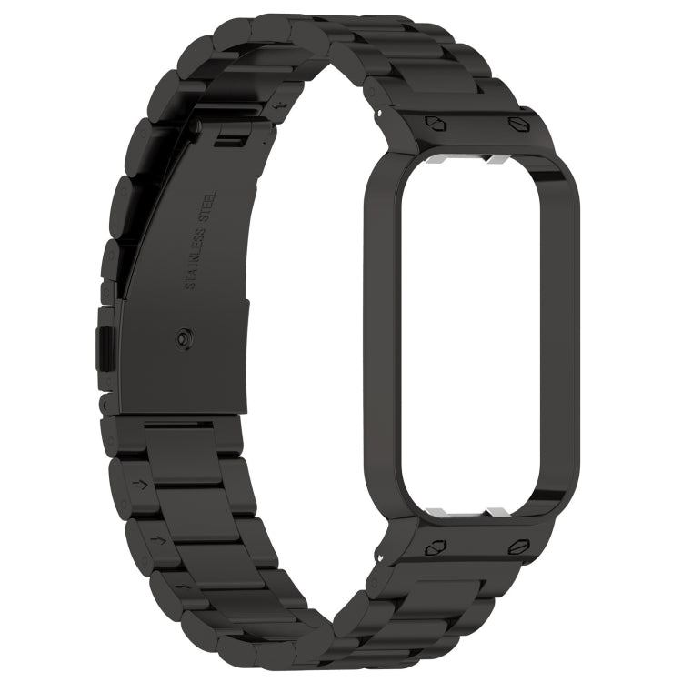For Xiaomi Smart Band 8 Active Three Bead Stainless Steel Watch Band + Watch Metal Frame(Black) - Watch Bands by buy2fix | Online Shopping UK | buy2fix