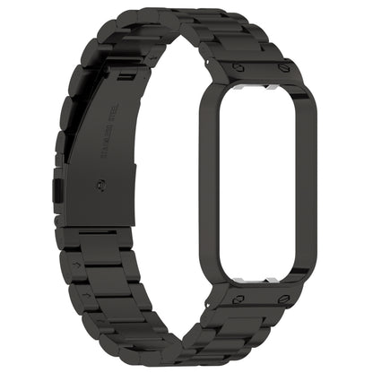 For Xiaomi Smart Band 8 Active Three Bead Stainless Steel Watch Band + Watch Metal Frame(Black) - Watch Bands by buy2fix | Online Shopping UK | buy2fix