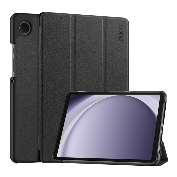 For Samsung Galaxy Tab A9 8.7 ENKAY Tri-fold Custer Texture Leather Smart Tablet Case(Black) - Galaxy Tab A9 by ENKAY | Online Shopping UK | buy2fix