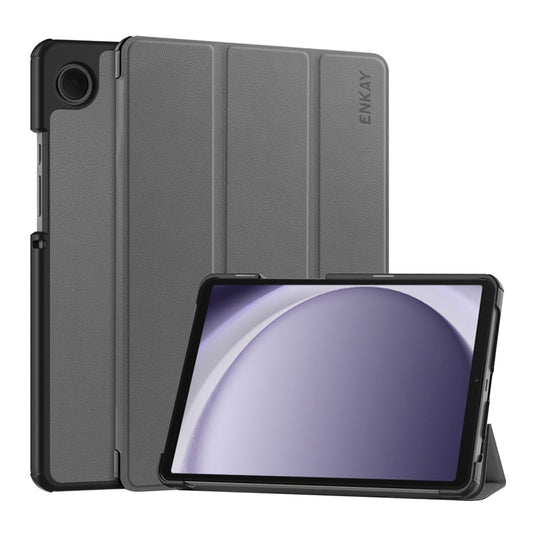 For Samsung Galaxy Tab A9 8.7 ENKAY Tri-fold Custer Texture Leather Smart Tablet Case(Grey) - Galaxy Tab A9 by ENKAY | Online Shopping UK | buy2fix