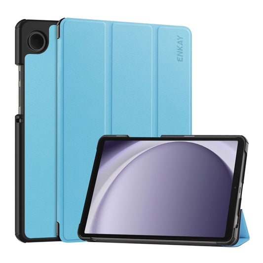 For Samsung Galaxy Tab A9 8.7 ENKAY Tri-fold Custer Texture Leather Smart Tablet Case(Light Blue) - Galaxy Tab A9 by ENKAY | Online Shopping UK | buy2fix