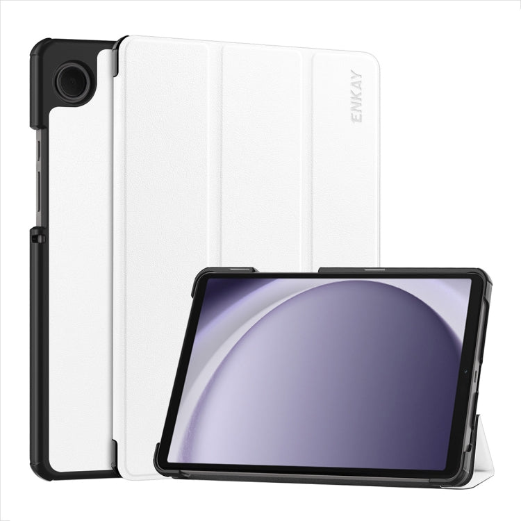 For Samsung Galaxy Tab A9 8.7 ENKAY Tri-fold Custer Texture Leather Smart Tablet Case(White) - Galaxy Tab A9 by ENKAY | Online Shopping UK | buy2fix