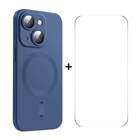 For iPhone 15 ENKAY MagSafe Matte TPU Phone Case with Lens Film & Screen Glass Film(Dark Blue) - iPhone 15 Cases by ENKAY | Online Shopping UK | buy2fix