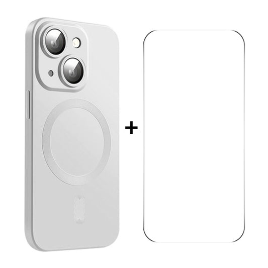 For iPhone 15 ENKAY MagSafe Matte TPU Phone Case with Lens Film & Screen Glass Film(Silver) - iPhone 15 Cases by ENKAY | Online Shopping UK | buy2fix