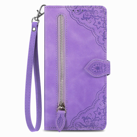 For vivo V29 5G Embossed Flower Zipper Leather Phone Case(Purple) - vivo Cases by buy2fix | Online Shopping UK | buy2fix