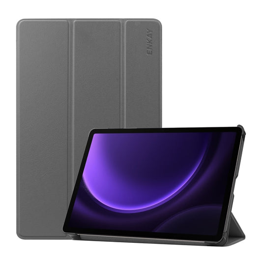 For Samsung Galaxy Tab S9 FE ENKAY Tri-fold Custer Texture Leather Smart Tablet Case(Grey) - Galaxy Tab S9 FE by ENKAY | Online Shopping UK | buy2fix