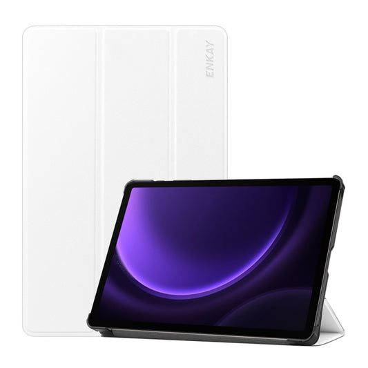 For Samsung Galaxy Tab S9 FE ENKAY Tri-fold Custer Texture Leather Smart Tablet Case(White) - Galaxy Tab S9 FE by ENKAY | Online Shopping UK | buy2fix