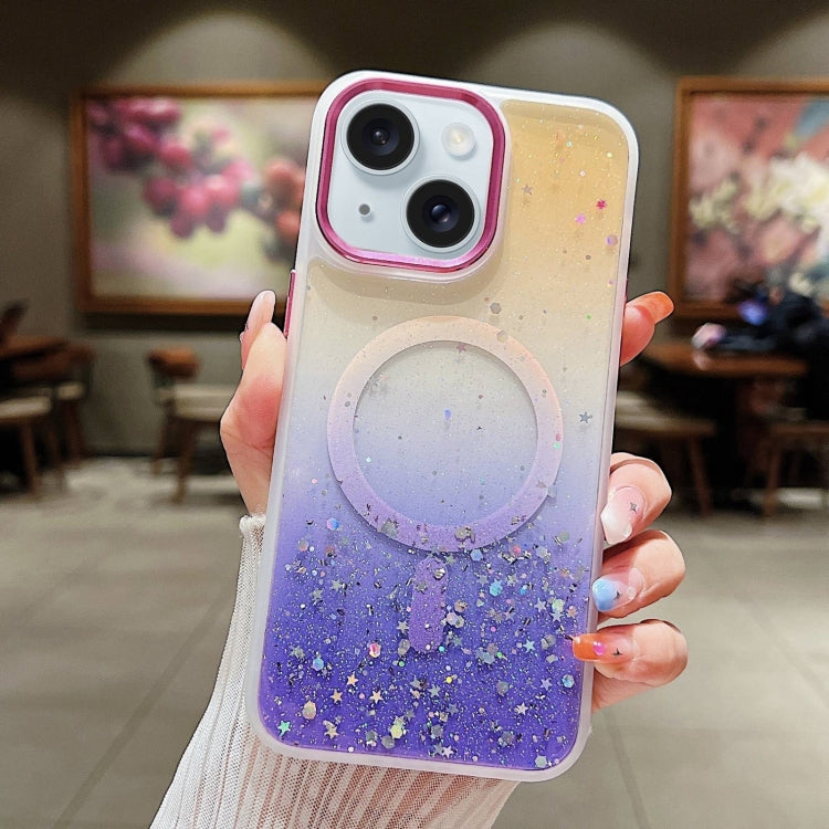 For iPhone 15 Multicolor Gradient Glitter Sequin MagSafe TPU Phone Case(Orange+Purple) - iPhone 15 Cases by buy2fix | Online Shopping UK | buy2fix