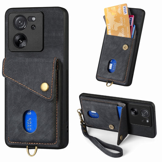 For Xiaomi 13T / 13T Pro Retro Card Wallet Fold Leather Phone Case with Strap(Black) - Xiaomi Cases by buy2fix | Online Shopping UK | buy2fix