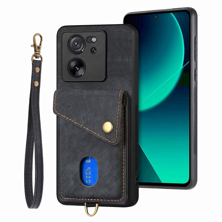 For Xiaomi 13T / 13T Pro Retro Card Wallet Fold Leather Phone Case with Strap(Black) - Xiaomi Cases by buy2fix | Online Shopping UK | buy2fix