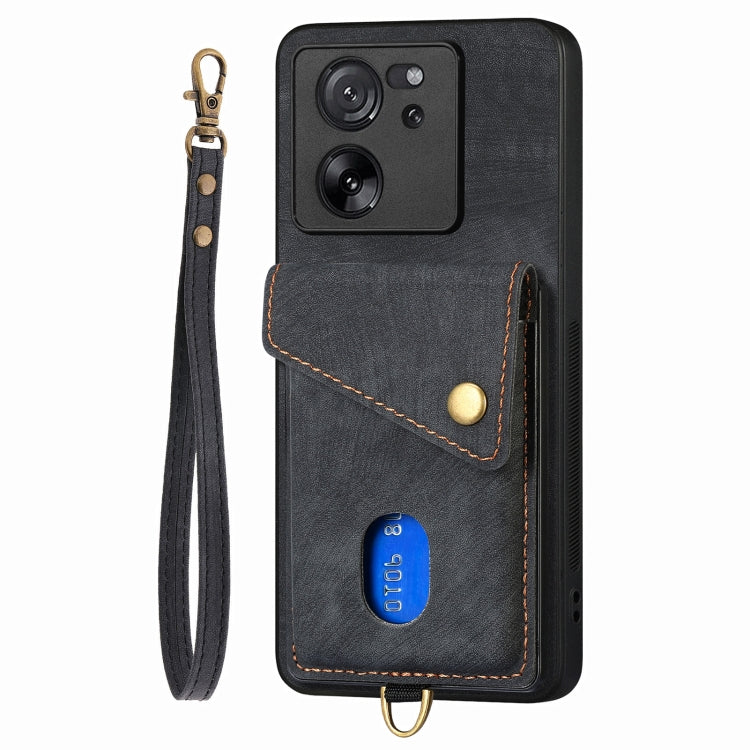 For Xiaomi 13T / 13T Pro Retro Card Wallet Fold Leather Phone Case with Strap(Black) - Xiaomi Cases by buy2fix | Online Shopping UK | buy2fix