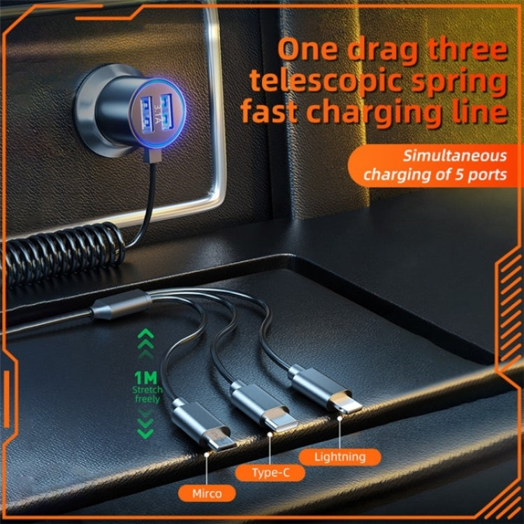K15 Car Adapter 3 in 1 Stretchable Cable 22.5W Quick Charge Cigarette Lighter Dual USB Ports - Car Charger by buy2fix | Online Shopping UK | buy2fix