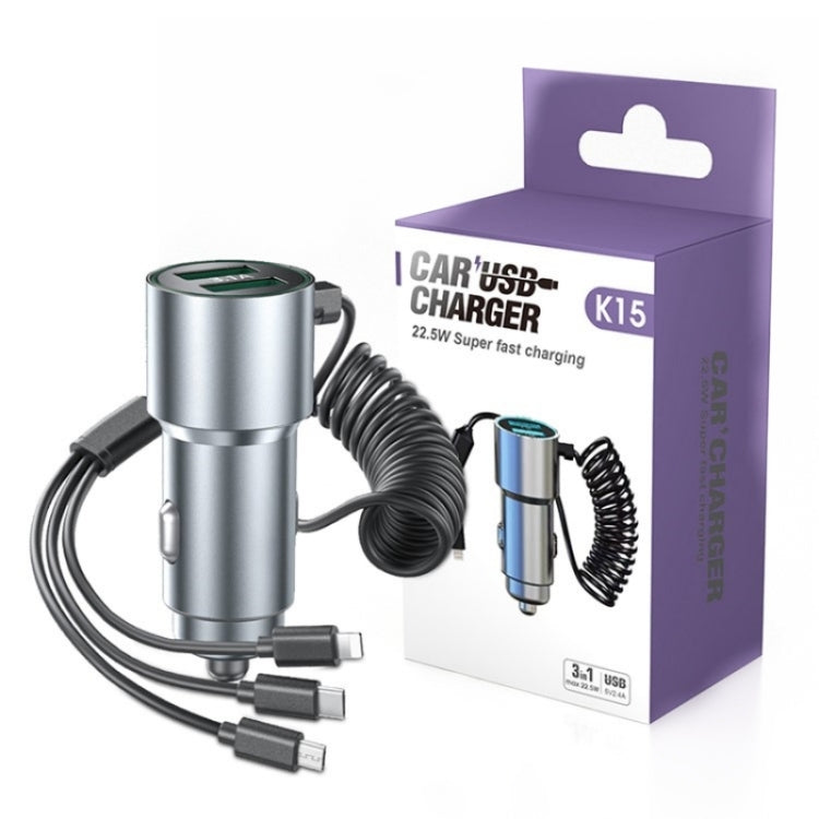 K15 Car Adapter 3 in 1 Stretchable Cable 22.5W Quick Charge Cigarette Lighter Dual USB Ports - Car Charger by buy2fix | Online Shopping UK | buy2fix