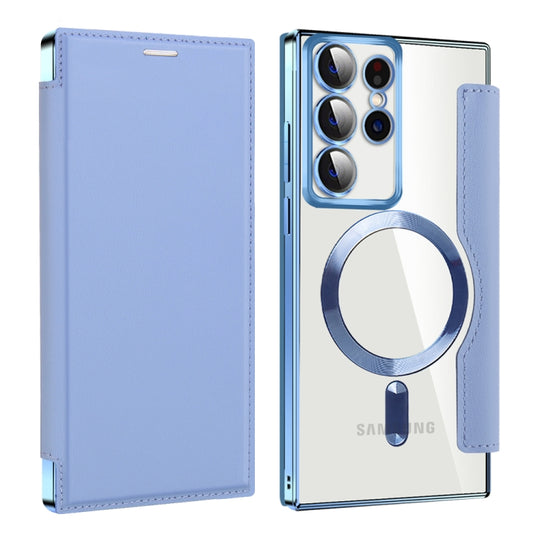 For Samsung Galaxy S22 Ultra 5G Shield MagSafe RFID Anti-theft Leather Phone Case(Blue)