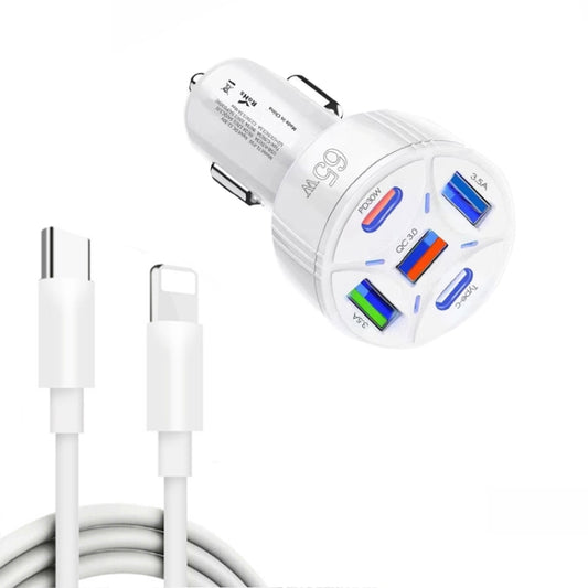 TE-P50 65W PD30W Type-C x 2 + USB x 3 Multi Port Car Charger with 1m Type-C to 8 Pin Data Cable(White) - Car Charger by buy2fix | Online Shopping UK | buy2fix