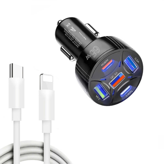 TE-P50 65W PD30W Type-C x 2 + USB x 3 Multi Port Car Charger with 1m Type-C to 8 Pin Data Cable(Black) - Car Charger by buy2fix | Online Shopping UK | buy2fix