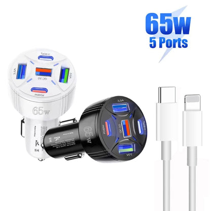 TE-P50 65W PD30W Type-C x 2 + USB x 3 Multi Port Car Charger with 1m Type-C to 8 Pin Data Cable(Black) - Car Charger by buy2fix | Online Shopping UK | buy2fix
