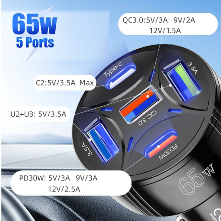 TE-P50 65W PD30W Type-C x 2 + USB x 3 Multi Port Car Charger with 1m Type-C to 8 Pin Data Cable(Black) - Car Charger by buy2fix | Online Shopping UK | buy2fix