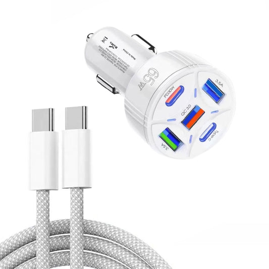 TE-P50 65W PD30W Type-C x 2 + USB x 3 Multi Port Car Charger with 1m Type-C to Type-C Data Cable(White) - Car Charger by buy2fix | Online Shopping UK | buy2fix