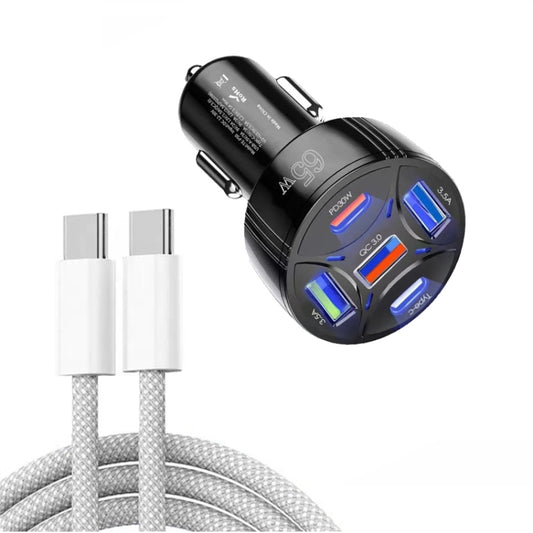 TE-P50 65W PD30W Type-C x 2 + USB x 3 Multi Port Car Charger with 1m Type-C to Type-C Data Cable(Black) - Car Charger by buy2fix | Online Shopping UK | buy2fix