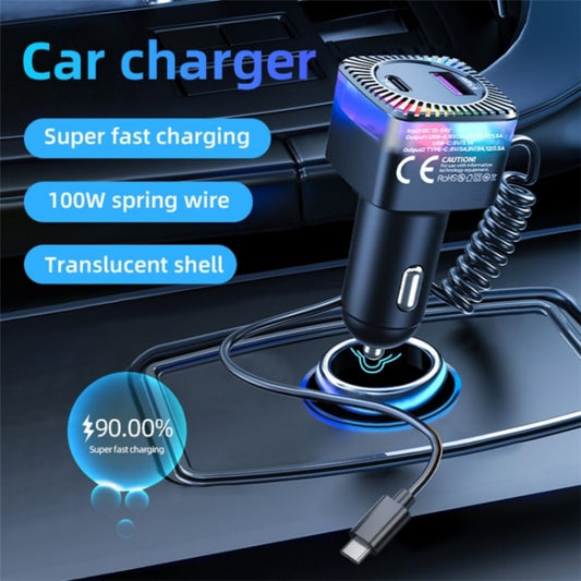 With Spring Type-C Cable USB + Type-C PD 30W Phone Fast Charging Adapter Car Charger - Car Charger by buy2fix | Online Shopping UK | buy2fix