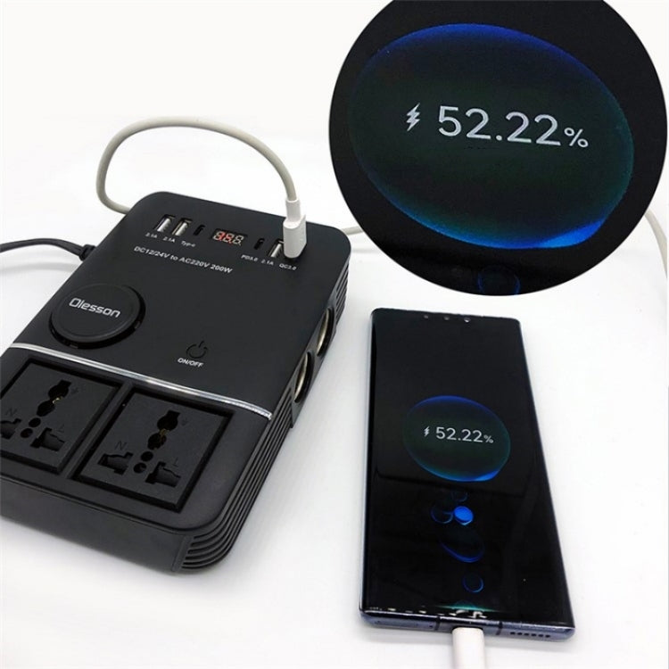 USB+Type-C to 220V QC3.0 200W Power Socket Cigarette Lighter Car Power Inverter by buy2fix