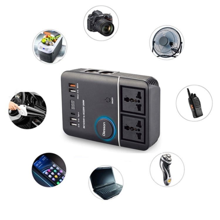 USB+Type-C to 220V QC3.0 200W Power Socket Cigarette Lighter Car Power Inverter by buy2fix