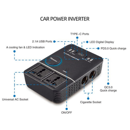 USB+Type-C to 220V QC3.0 200W Power Socket Cigarette Lighter Car Power Inverter by buy2fix