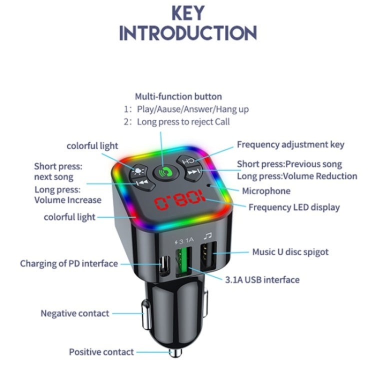 Colorful light Car Hands-free Call Bluetooth Receiver Support U Disk MP3 Player - Bluetooth Car Kits by buy2fix | Online Shopping UK | buy2fix