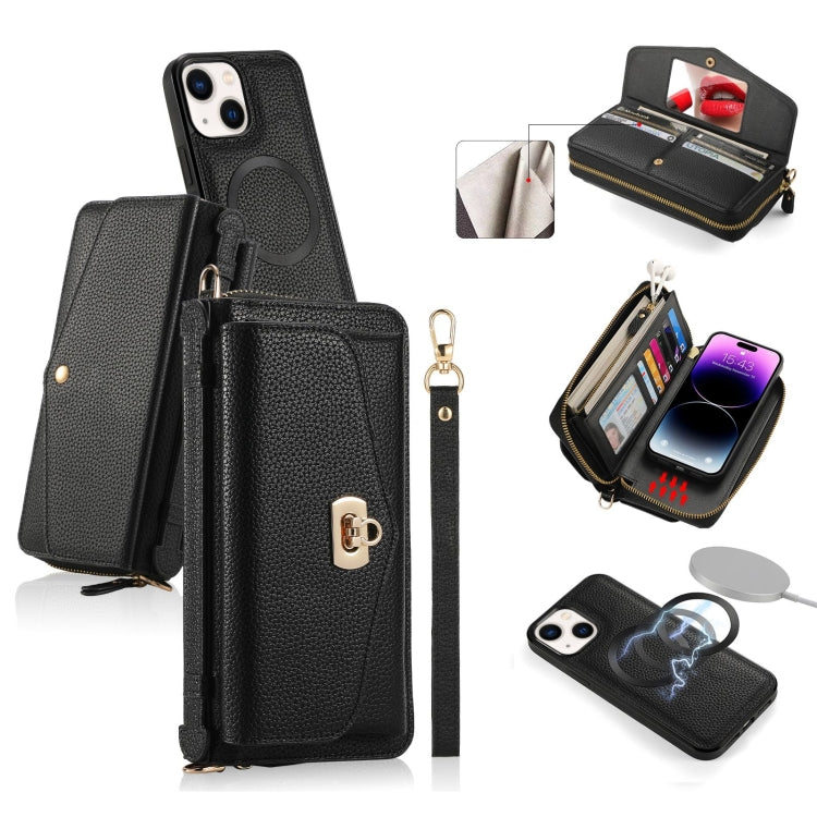 For iPhone 14 MagSafe Crossbody Multi-functional Zipper Wallet Litchi Leather Phone Case(Black) by buy2fix