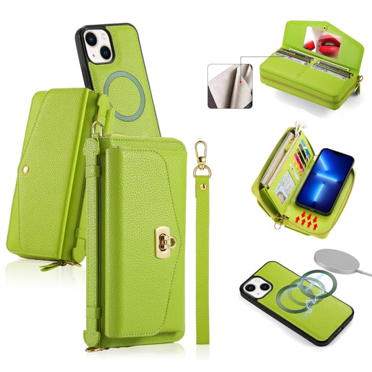For iPhone 13 MagSafe Crossbody Multi-functional Zipper Wallet Litchi Leather Phone Case(Green)