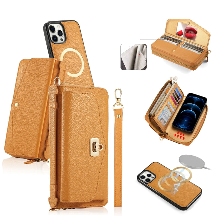 For iPhone 12 Pro Max MagSafe Crossbody Multi-functional Zipper Wallet Litchi Leather Phone Case(Orange) by buy2fix