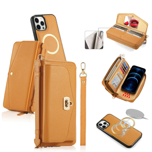 For iPhone 12 Pro Max MagSafe Crossbody Multi-functional Zipper Wallet Litchi Leather Phone Case(Orange) by buy2fix