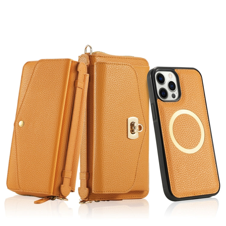 For iPhone 12 Pro Max MagSafe Crossbody Multi-functional Zipper Wallet Litchi Leather Phone Case(Orange) by buy2fix