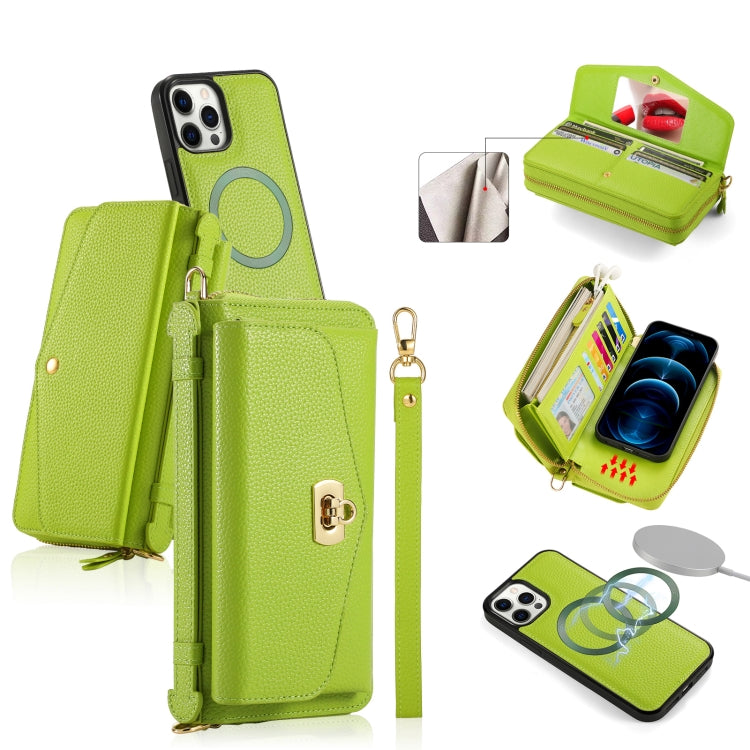 For iPhone 12 Pro MagSafe Crossbody Multi-functional Zipper Wallet Litchi Leather Phone Case(Green) by buy2fix