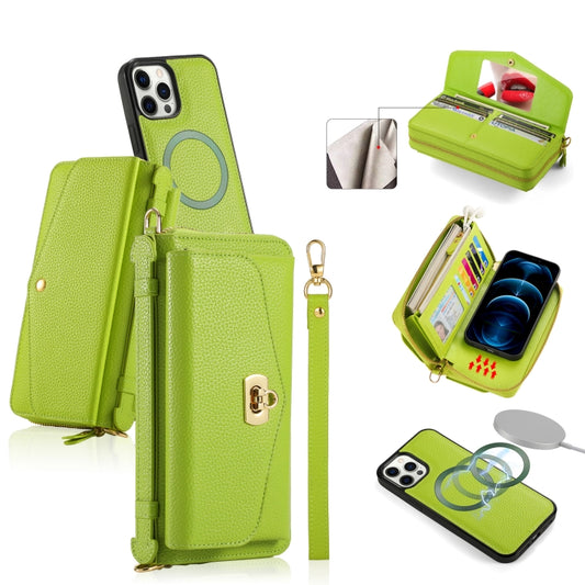 For iPhone 12 Pro MagSafe Crossbody Multi-functional Zipper Wallet Litchi Leather Phone Case(Green) by buy2fix