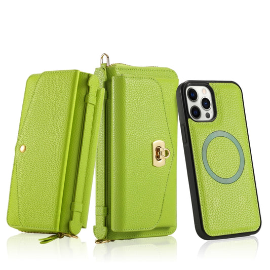 For iPhone 12 Pro MagSafe Crossbody Multi-functional Zipper Wallet Litchi Leather Phone Case(Green) by buy2fix