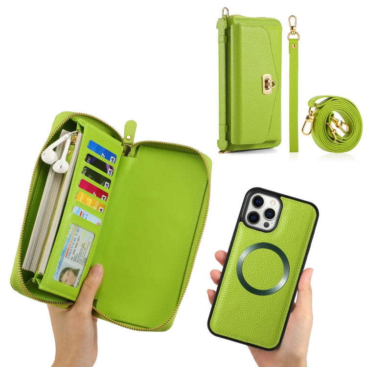 For iPhone 12 Pro MagSafe Crossbody Multi-functional Zipper Wallet Litchi Leather Phone Case(Green) by buy2fix