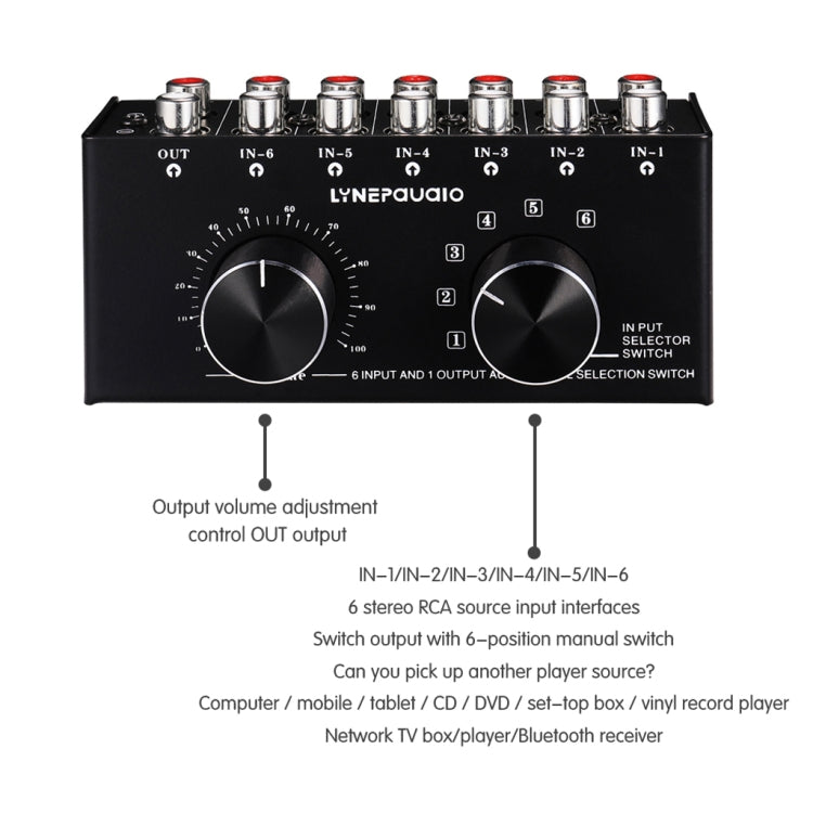 B016 6 Input 1 Output Audio Signal Source Selection Switcher, Output Volume Adjustment Control RCA Port -  by buy2fix | Online Shopping UK | buy2fix