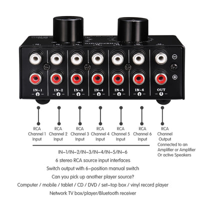 B016 6 Input 1 Output Audio Signal Source Selection Switcher, Output Volume Adjustment Control RCA Port -  by buy2fix | Online Shopping UK | buy2fix