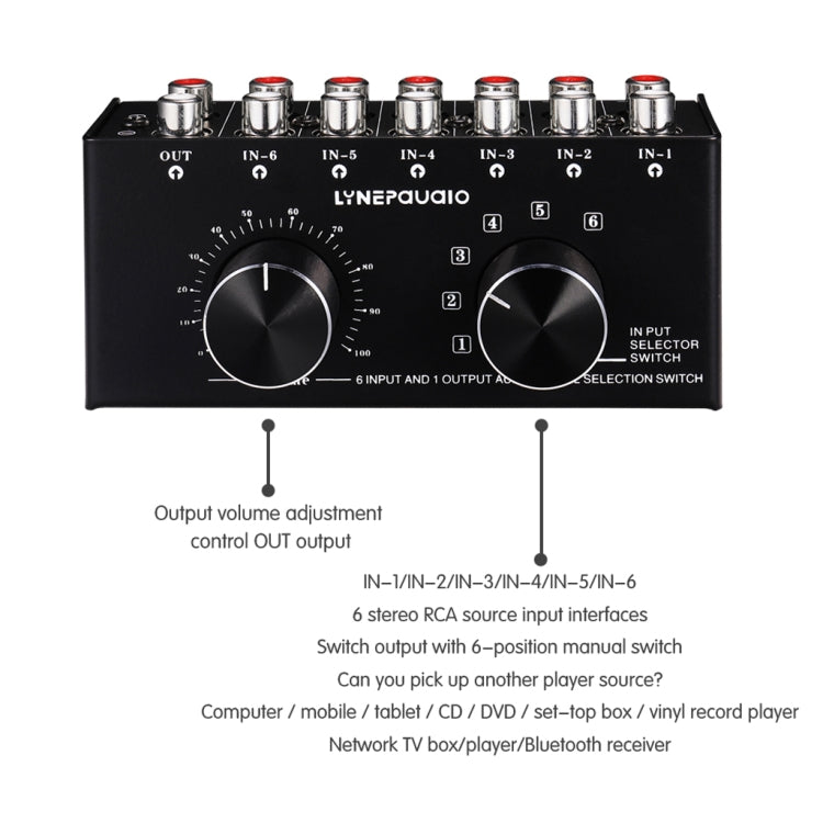 B016 6 Input 1 Output Audio Signal Source Selection Switcher, Output Volume Adjustment Control RCA Port -  by buy2fix | Online Shopping UK | buy2fix